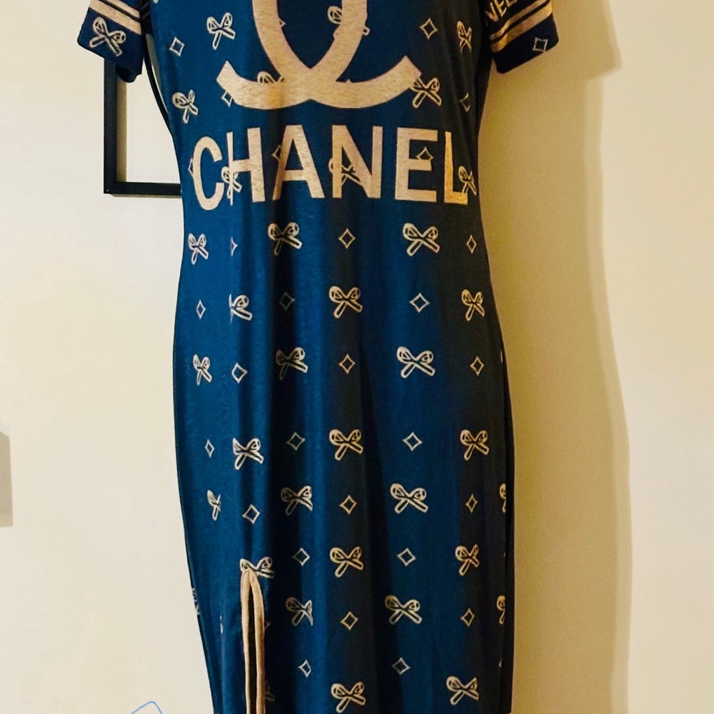 CHANEL Midnight Blue Midi Dress with Logo Pattern